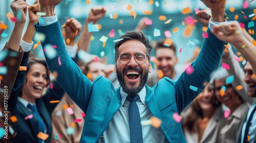 A businessman celebrating his successful deal with his team