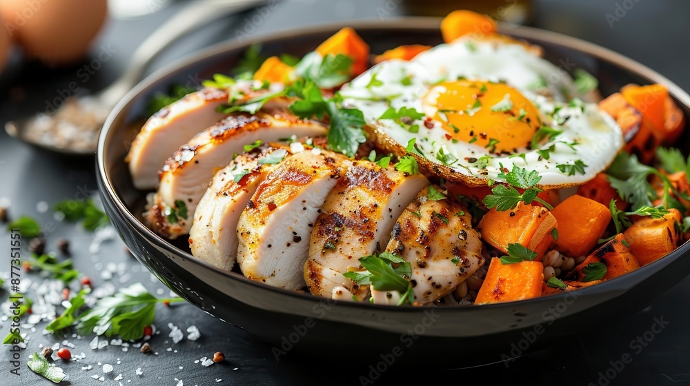 Healthy meal with chicken, sweet potato, and egg. Healthy meal with chicken, sweet potato, and egg.