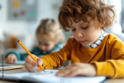 Wallpaper Mural Young boy in yellow sweater writing in notebook. Torontodigital.ca