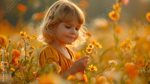 A girl holding flower in his hand in a field