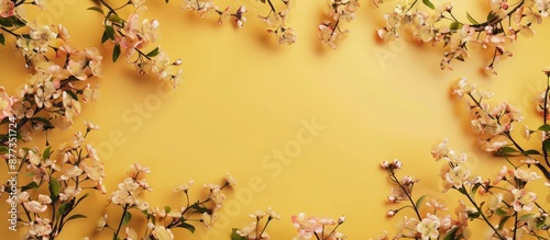 A spring themed frame features apricot tree sprigs with flowers against a yellow backdrop allowing for text placement evoking the essence of spring Mother s Day and International Women s Day with cop photo