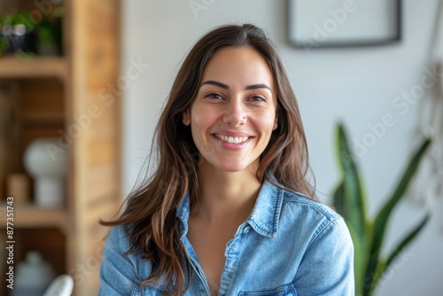 Portrait of a smiling woman in her 30s sporting a versatile denim shirt isolated on bare monochromatic room photo