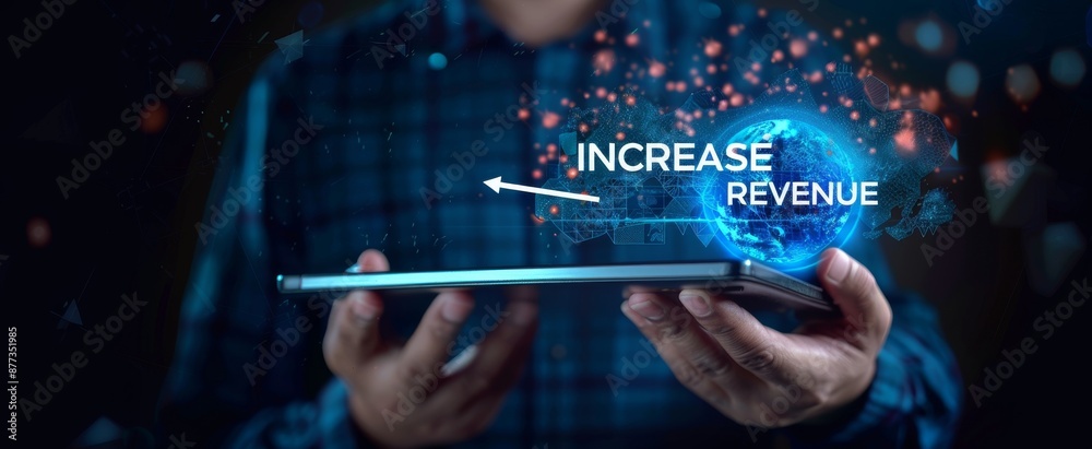 Digital marketing strategy showing increase in revenue on tablet display Digital marketing strategy showing increase in revenue on tablet display