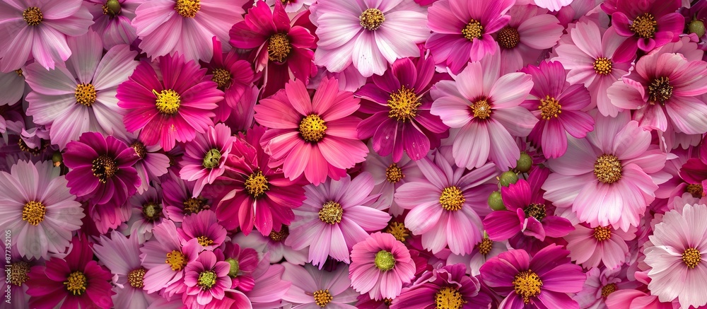 Mexican aster flowers also known as Cosmos bipinnatus in vibrant pink shades creating a stunning display in a copy space image Mexican aster flowers also known as Cosmos bipinnatus in vibrant pink shades creating a stunning display in a copy space image