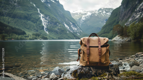 My favorite travel bag placed in front of a beautiful view of mountains and a lake