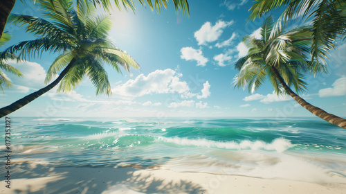 Fototapeta Naklejka Na Ścianę i Meble -  Summer vacation at a tropical beach with palm trees. Summer Resort Beach Sea Relax Travel Vacation Palm Tropic, generative ai