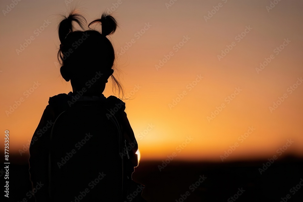Silhouette of a young girl with a backpack standing at sunset. Silhouette of a young girl with a backpack standing at sunset.