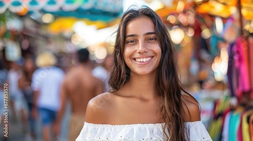 Cheerful woman in a white top, standing in a lively street market, colorful stalls and people bustling in the background, capturing the vibrant atmosphere