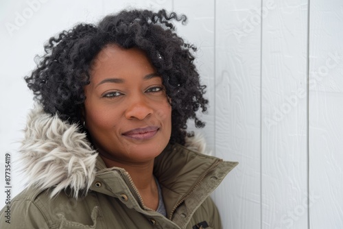 Portrait of a merry afro-american woman in her 40s wearing a warm parka while standing against bare monochromatic room