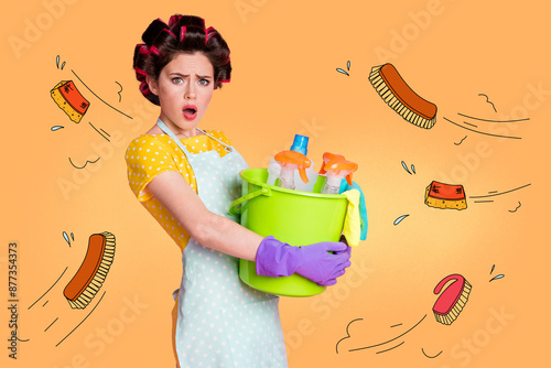 Composite photo collage of dissatisfied girl housewife carry bucket pile chemical spray chores duties hygiene isolated on painted background