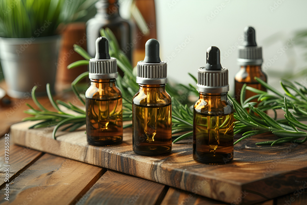 Rosemary essential oil in small bottles and fresh rosemary on a wooden table Rosemary essential oil in small bottles and fresh rosemary on a wooden table