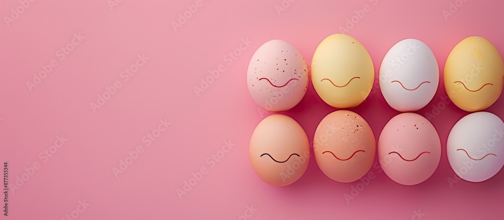 Fototapeta premium Social networks linking communication and emotions depicted with winking eggs on a pink backdrop offering copy space for content