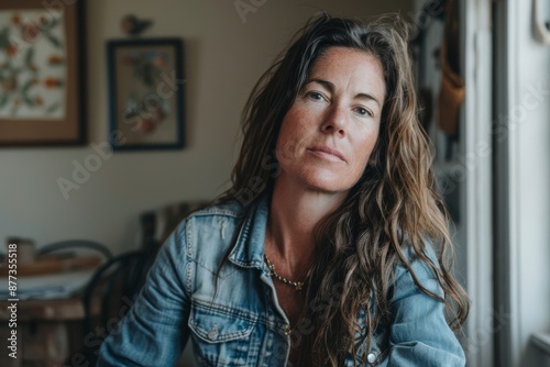 Portrait of a satisfied woman in her 40s sporting a rugged denim jacket isolated on bare monochromatic room