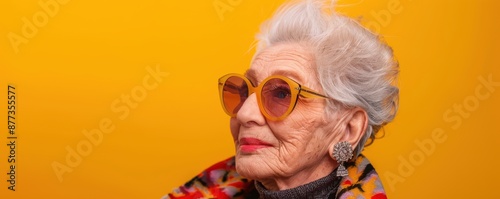 A older woman with glasses and a scarf on a yellow background. Free copy space for banner.