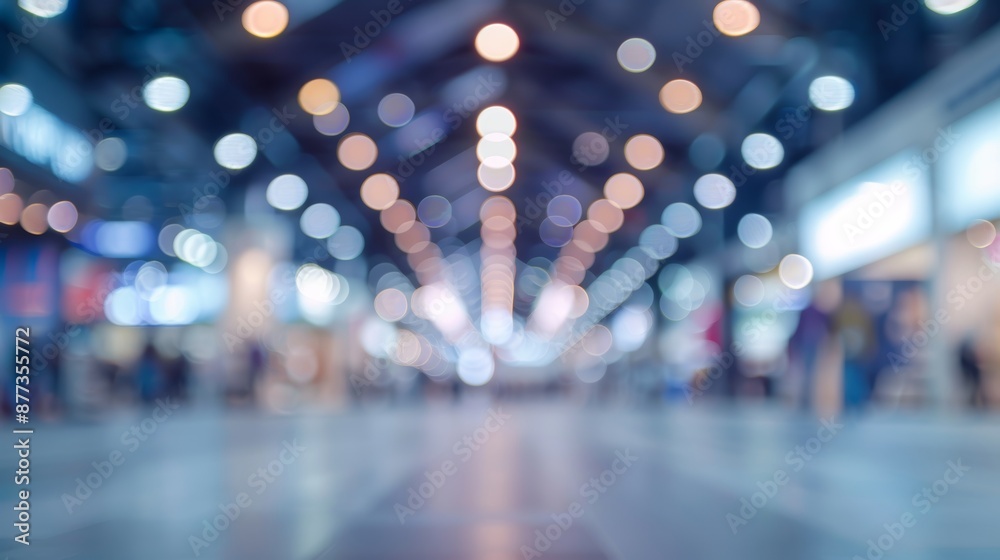 The blurry, defocused background represents the background of a public exhibition hall, a business tradeshow, or a stock market. Business advertising for a company event, commercial trading, or a The blurry, defocused background represents the background of a public exhibition hall, a business tradeshow, or a stock market. Business advertising for a company event, commercial trading, or a