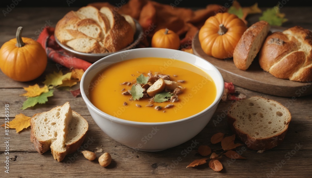A cozy autumn day with homemade pumpkin soup and crusty bread A cozy autumn day with homemade pumpkin soup and crusty bread