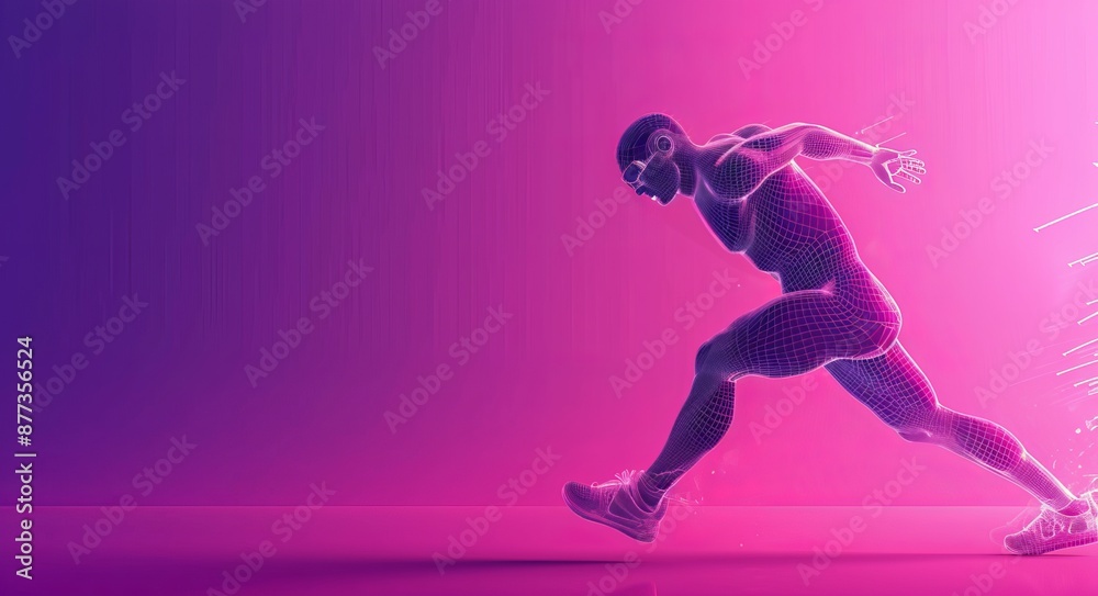 An animated wireframe robot jumps against a background of gradient red violet An animated wireframe robot jumps against a background of gradient red violet