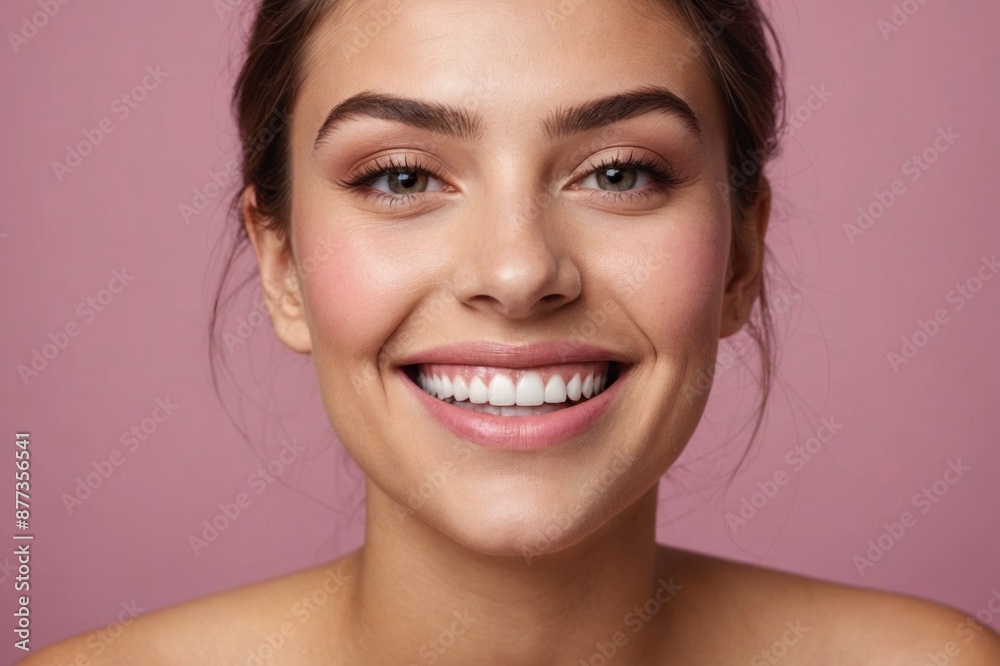 Beauty and skin care. close portrait of young woman standing and laughing with makeup, pink background. Beauty and skin care. close portrait of young woman standing and laughing with makeup, pink background.