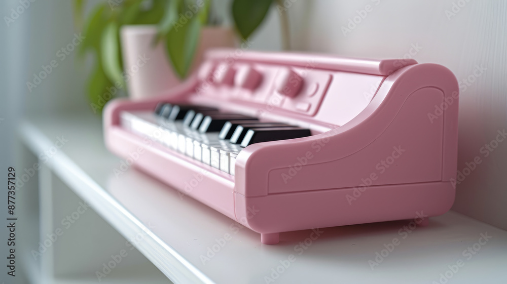 Pink toy piano on a white shelf with a plant in the background. Pink toy piano on a white shelf with a plant in the background.