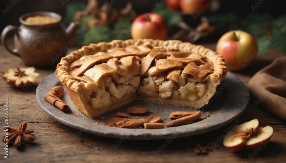 A slice of homemade apple pie with cinnamon and star anise on a rustic wooden table A slice of homemade apple pie with cinnamon and star anise on a rustic wooden table