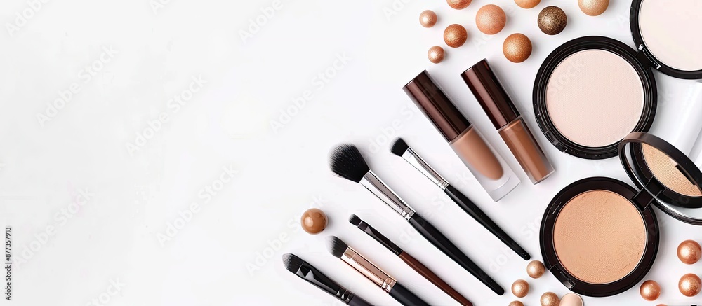 Photo of various makeup tools with space for text on a white background. Copy space image. Place for adding text and design Photo of various makeup tools with space for text on a white background. Copy space image. Place for adding text and design