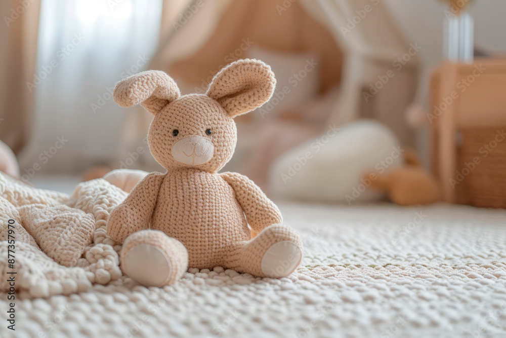 Fototapeta premium Interior of a children's room and toys, a stuffed bunny. Plush rabbit sitting.