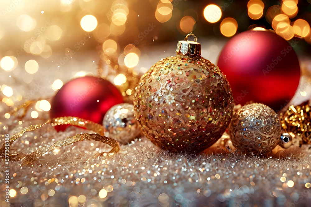 Christmas balls and lights in shiny, glittering silver and golden colors, festive, magic new year background, bokeh, template for design, greeting postcard with copy space. Christmas balls and lights in shiny, glittering silver and golden colors, festive, magic new year background, bokeh, template for design, greeting postcard with copy space.