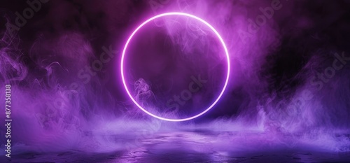 3D rendering of a sci-fi smoke futuristic fog steam circle shaped rainbow purple pink blue neon laser ring portal gate light in a dark concrete metal corridor tunnel © Mark