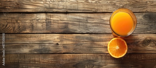 An aerial view of a glass of orange juice on a wooden table prepared for a fruit product display or composition with space for text or images. Copy space image. Place for adding text and design