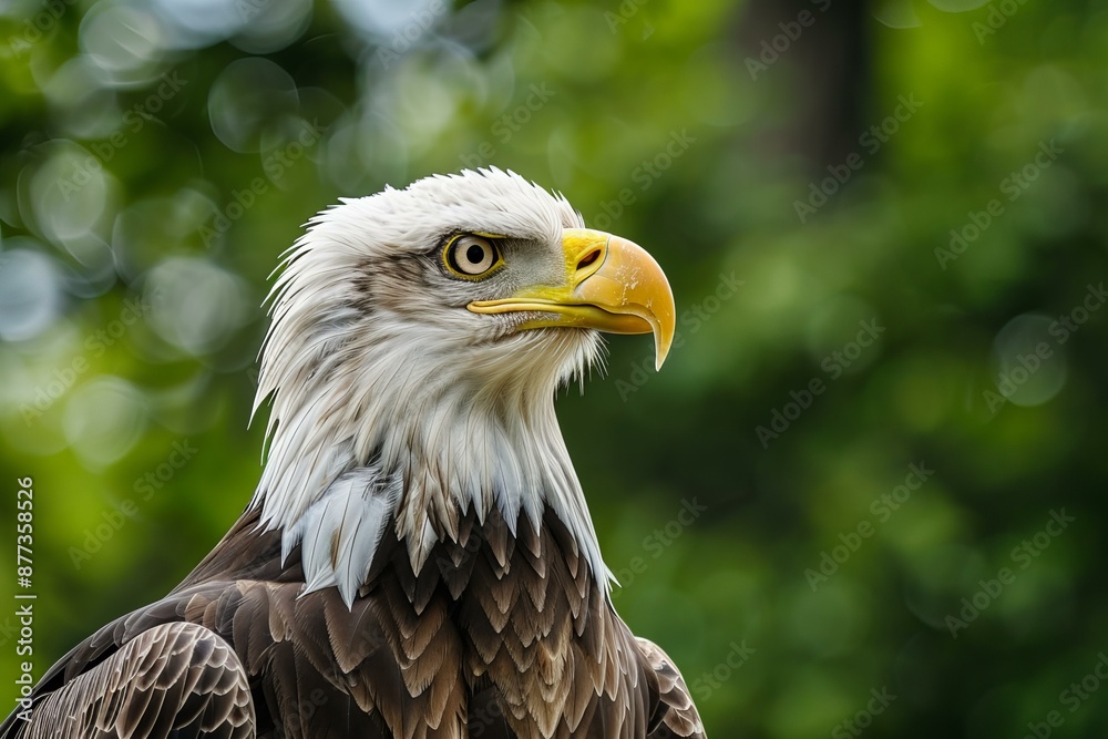 Majestic bald eagle is posing proudly on a blurred green background Majestic bald eagle is posing proudly on a blurred green background