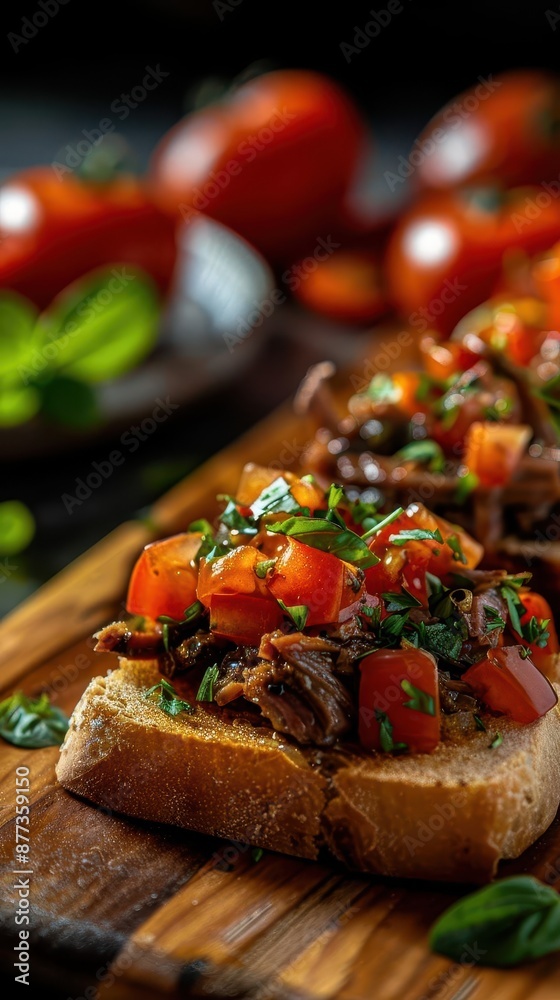 Close-up of three slices of toasted bread topped with beef, tomatoes, and basil. Close-up of three slices of toasted bread topped with beef, tomatoes, and basil.