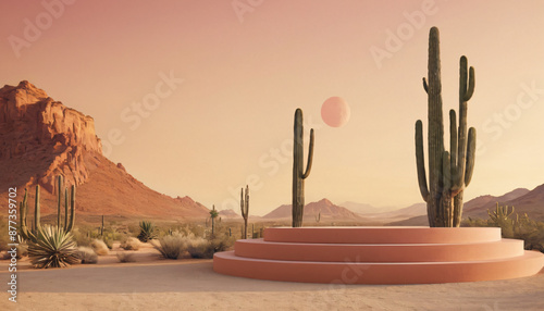 Product presentation stage, cactus background, clean, empty for text