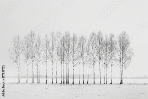 Wallpaper Mural a horizontal row of birch trees, on a flat plane, against and empty background, light background, black and white photo  Torontodigital.ca