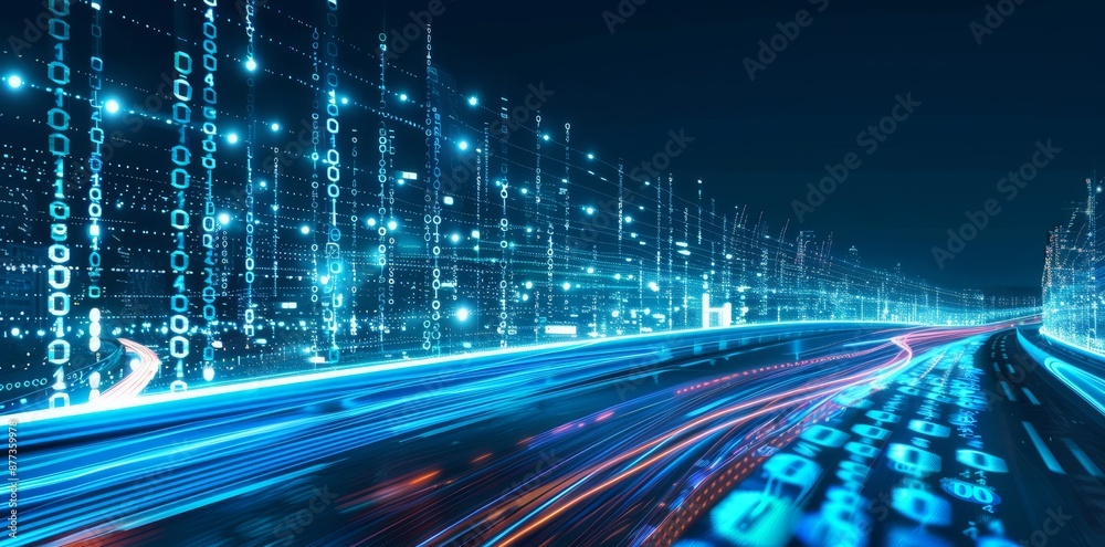An abstract highway path through a city's digital towers in 3D. Concept of big data, machine learning, financial market, hyperloop, virtual reality, and high speed connectivity. An abstract highway path through a city's digital towers in 3D. Concept of big data, machine learning, financial market, hyperloop, virtual reality, and high speed connectivity.
