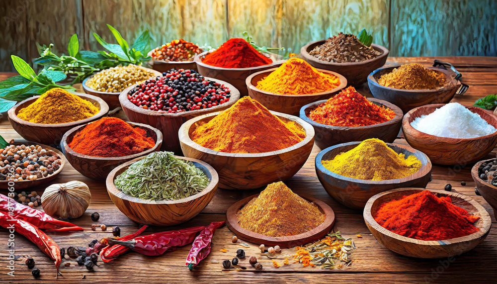 Fototapeta premium Spices and herbs. Colorful spices on wooden table