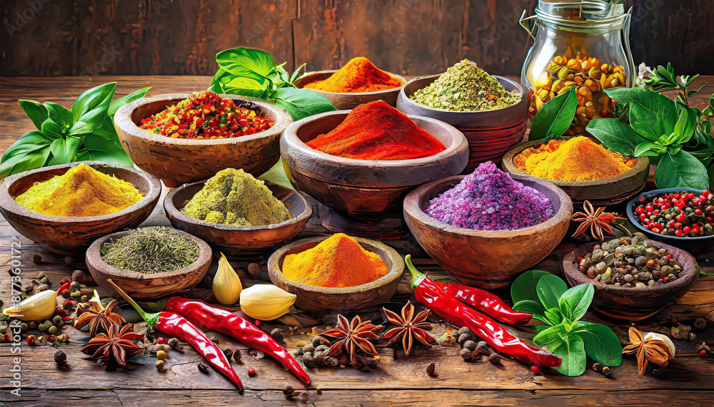 Fototapeta premium Spices and herbs. Colorful spices on wooden table