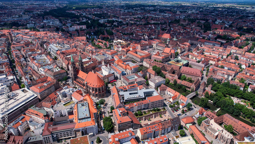 Aerial panorama view of the old town of the city Nuremberg during an cloudy summer day in Bavaria, germany