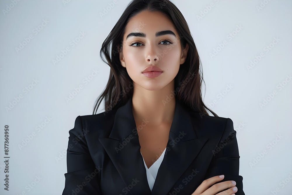 Portrait of a beautiful young Latin businesswoman, standing in a studio with a pure white background, with a confident and professional expression, arms folded, Generated AI Portrait of a beautiful young Latin businesswoman, standing in a studio with a pure white background, with a confident and professional expression, arms folded, Generated AI