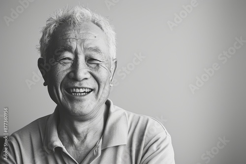 Portrait of a joyful asian man in his 60s wearing a sporty polo shirt on bare monochromatic room