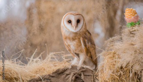 common barn owl ( Tyto albahead ) close up sitting photo