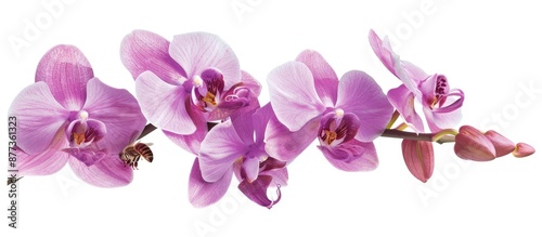 Stunning pink orchid flower and unopened bud with purple and violet petals attractively offering sweet nectar to bees making a lovely gift for Mother s Day or loved ones. Copy space image photo