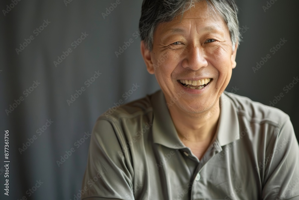 Portrait of a joyful asian man in his 60s wearing a sporty polo shirt while standing against bare monochromatic room Portrait of a joyful asian man in his 60s wearing a sporty polo shirt while standing against bare monochromatic room