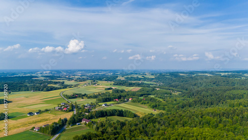 Rural landscape. Country houses in countryside, aerial view. Village wooden house in rural near forest. Farmhouse in countryside.