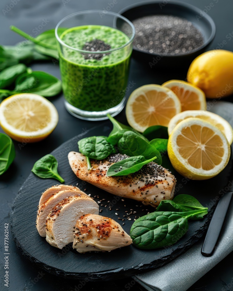 Healthy meal with grilled chicken, spinach, lemon, and chia seeds. Healthy meal with grilled chicken, spinach, lemon, and chia seeds.