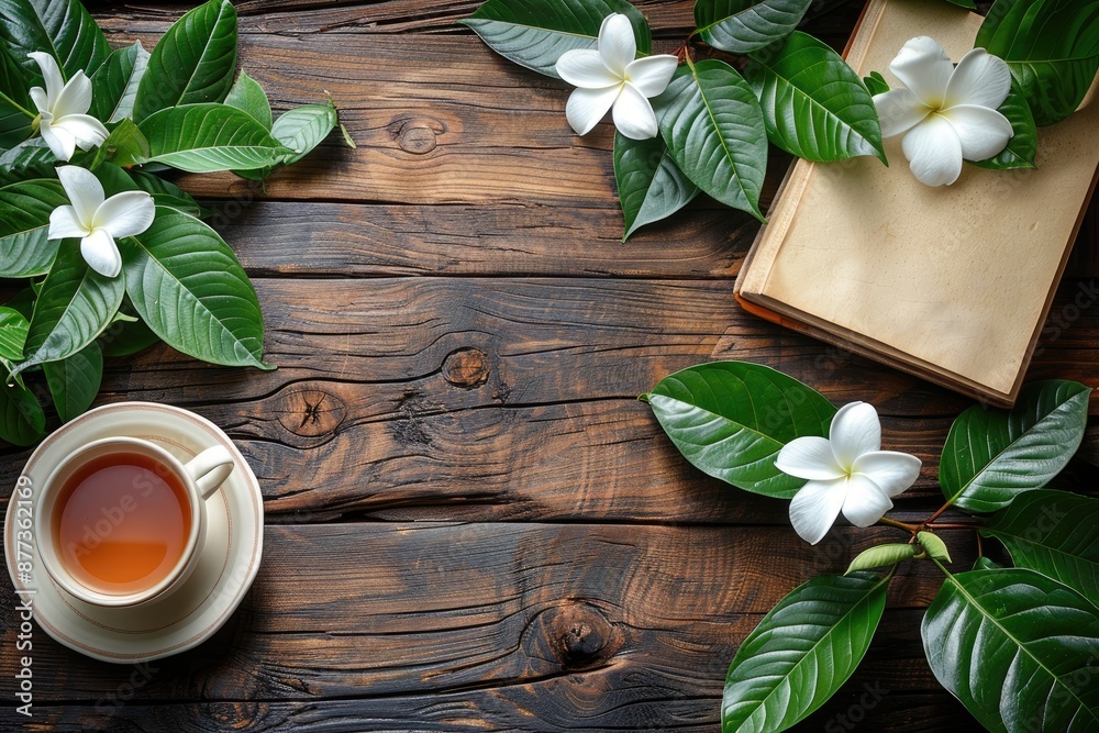 Rustic wooden background with tropical leaves and flowers, and a cup of tea Rustic wooden background with tropical leaves and flowers, and a cup of tea