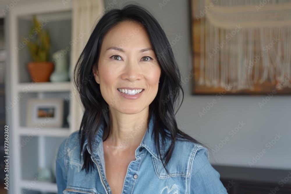 Portrait of a cheerful asian woman in her 30s sporting a versatile denim shirt over stylized simple home office background Portrait of a cheerful asian woman in her 30s sporting a versatile denim shirt over stylized simple home office background