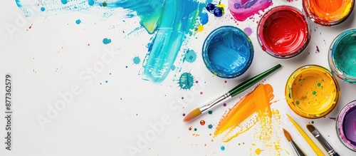 Wallpaper Mural Hobby themed image with various colorful paint cans brushes and white paper background suitable for education and creative pursuits with copy space Torontodigital.ca