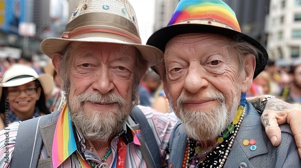 Older gay couple hugging in public Older gay couple hugging in public