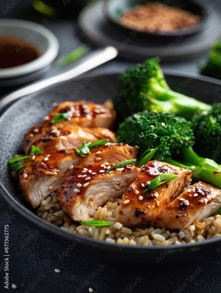 Closeup of a bowl with teriyaki chicken, brown rice, and broccoli. Closeup of a bowl with teriyaki chicken, brown rice, and broccoli.