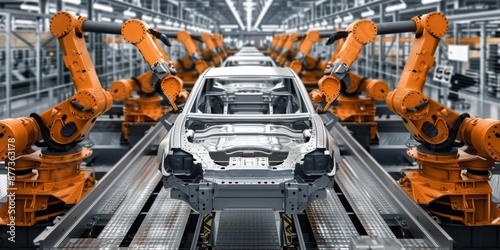 High-Definition AI-Generated Wallpaper Featuring Robotic Arms in a Futuristic Factory Precisely Assembling Car Frames Using Advanced AI and Computer Vision, Showcasing the Future of Automotive Manufac photo